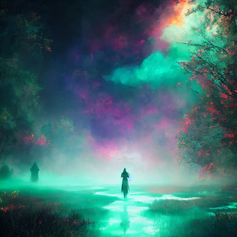 Solitary figure in vibrant mystical forest with colorful clouds and glowing mist