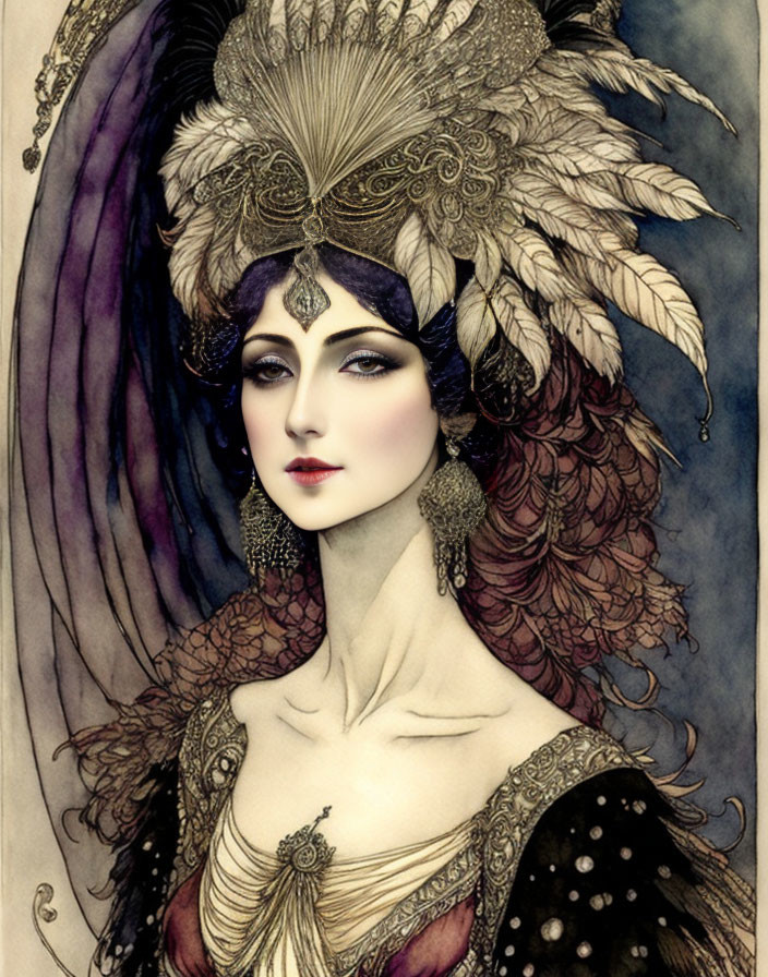 Regal woman with feathered headdress and elegant jewelry