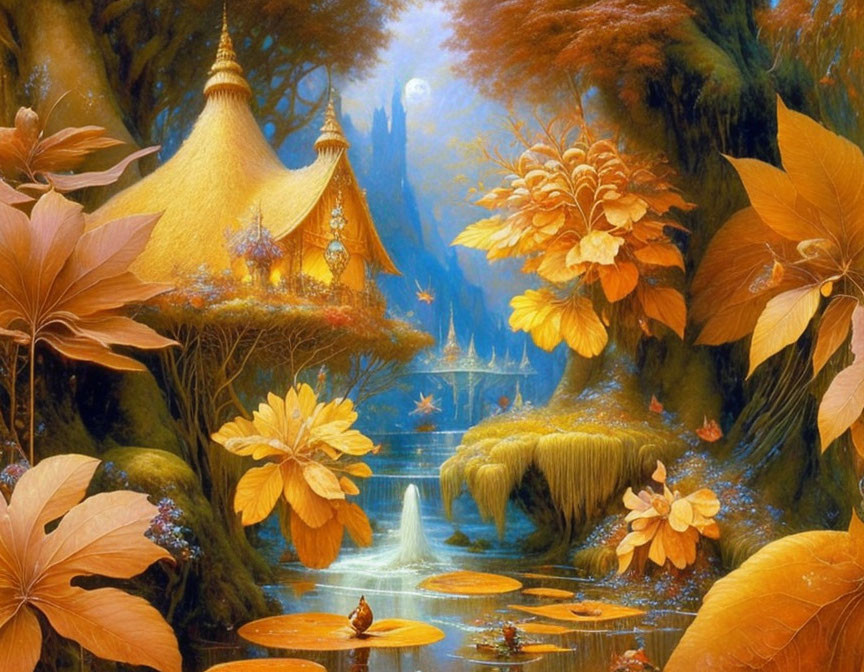 Fantasy landscape with golden domes, oversized orange leaves, waterfall, and mystical blue glow.