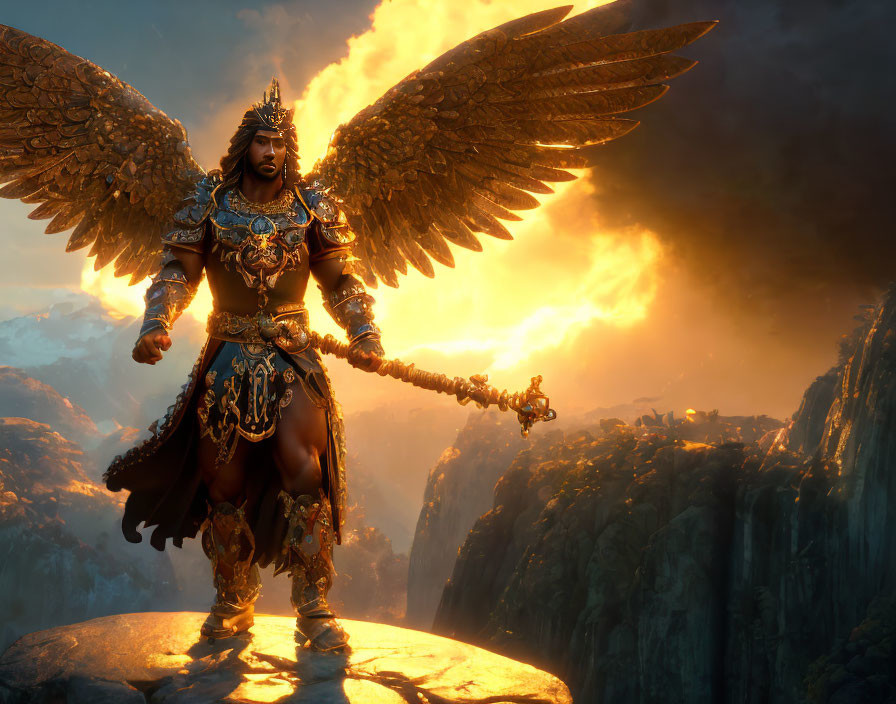 Majestic winged warrior in ornate armor on cliff at sunset