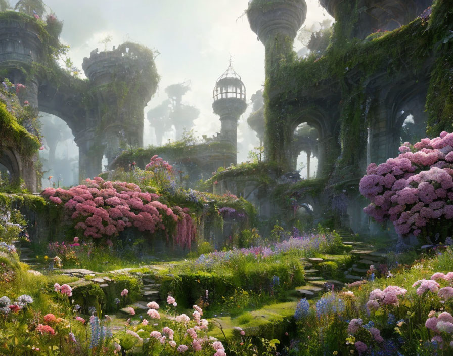 Mystical garden with ancient stone arches, vibrant flowers & ethereal light