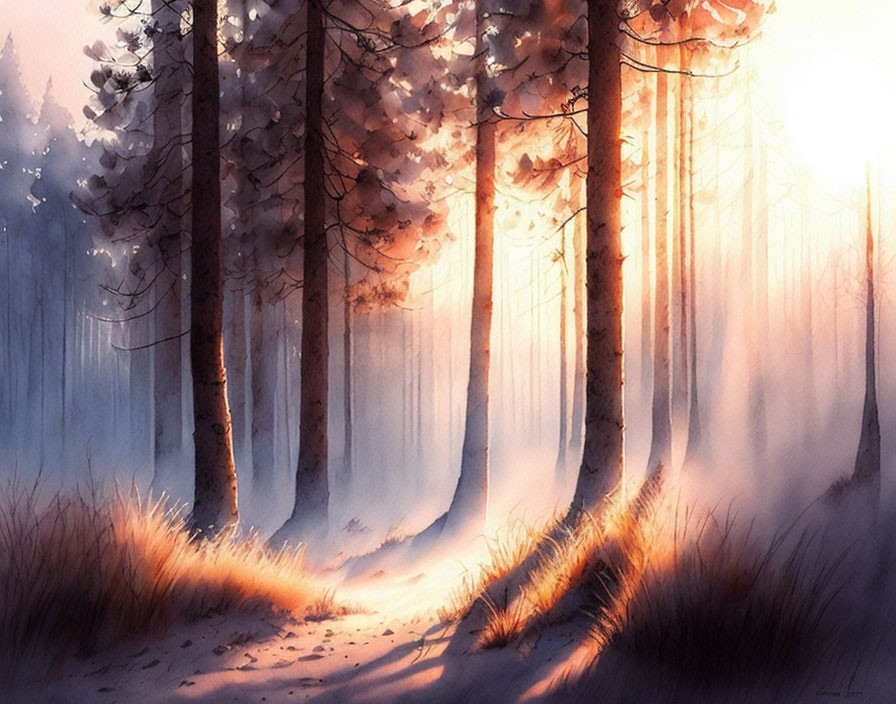 Sunlit forest scene with mist, warm rays, and tree trunks.