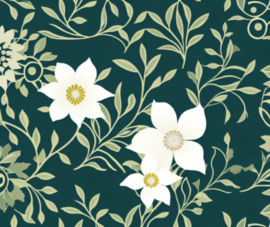 White Flowers and Light Green Leaves on Dark Green Floral Pattern