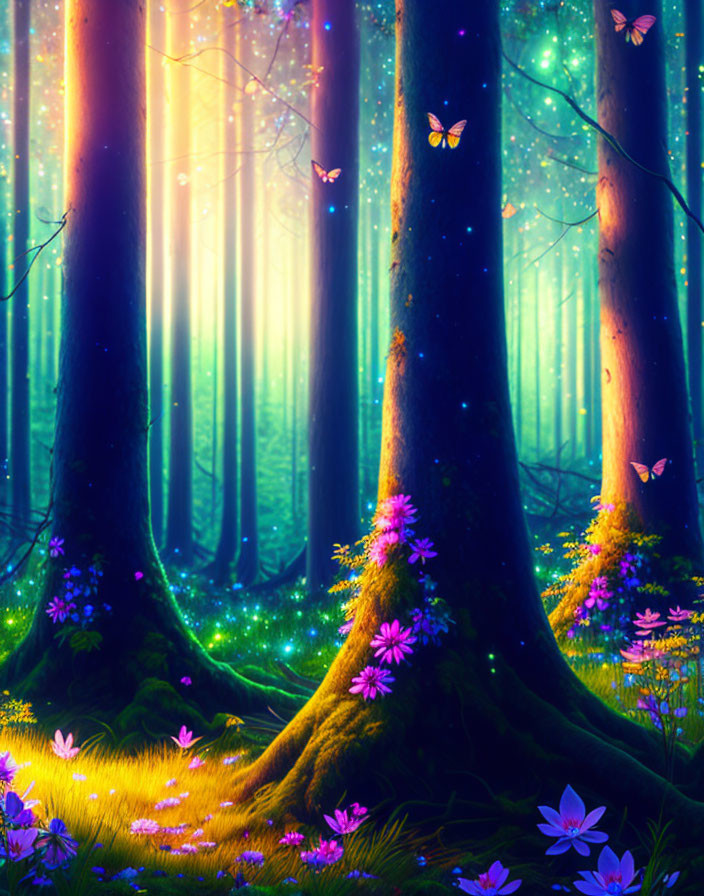 Vibrant mystical forest with glowing trees and butterflies