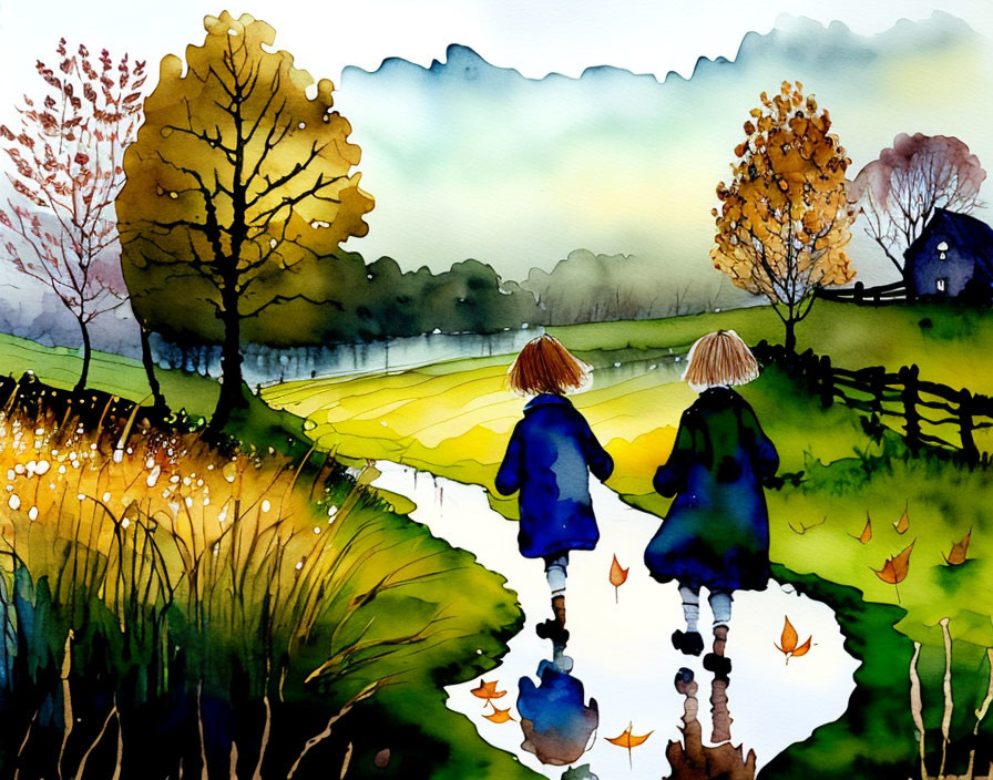 Children in blue coats walking on country path with autumn trees and house, hazy hills reflected in water