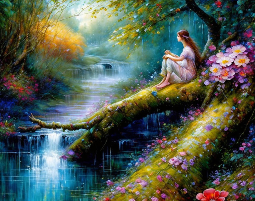 Woman in long dress sitting on tree trunk by serene waterfall surrounded by lush flora