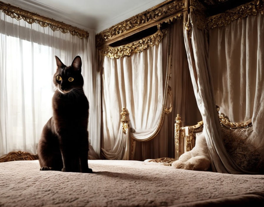 Black Cat on Luxurious Bed with Golden Drapes in Opulent Room