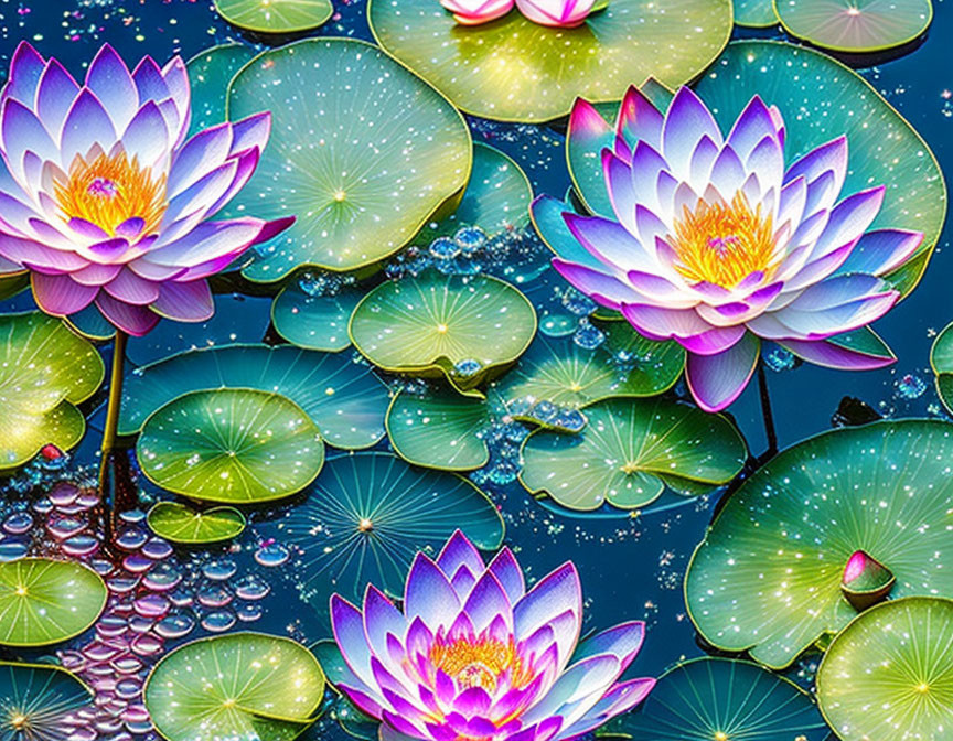 Colorful Purple and Pink Water Lilies in Tranquil Water Scene