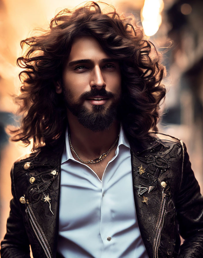 Bearded man in decorated jacket against city backdrop