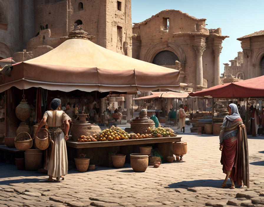 Ancient market scene with traditional clothing, fruit stalls, pottery, and historic ruins.