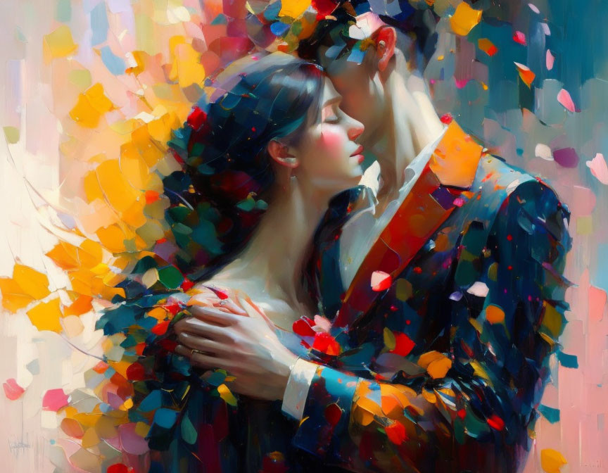 Vibrant impressionistic painting of embracing couple with abstract floral patterns