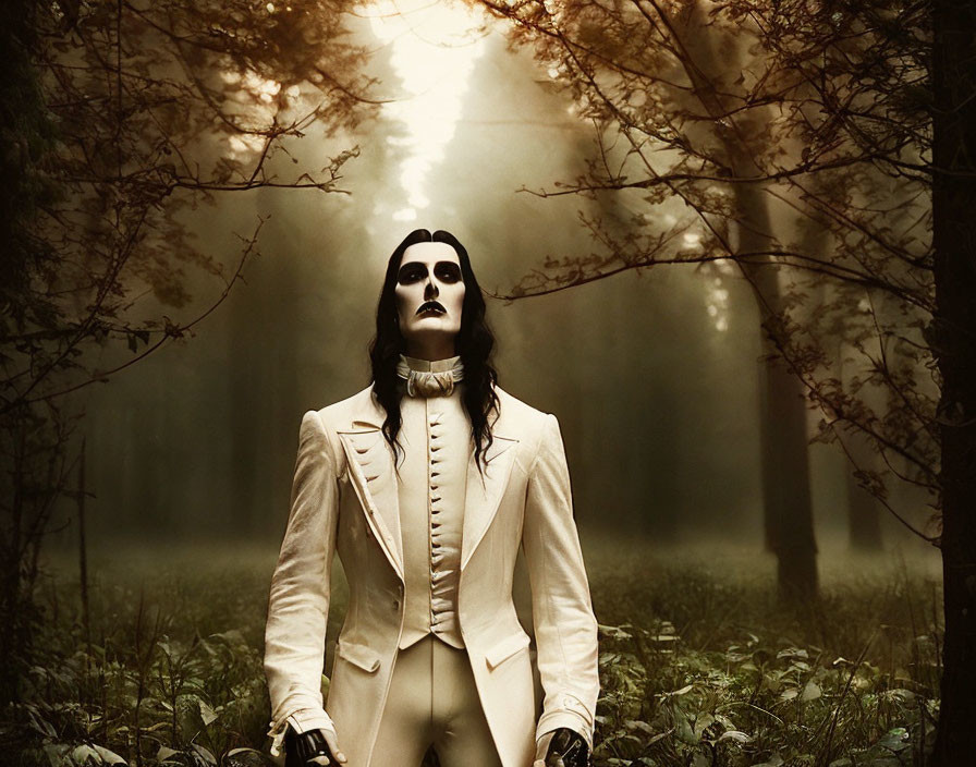 Person in vintage white suit with dark makeup in misty forest with sunlight.