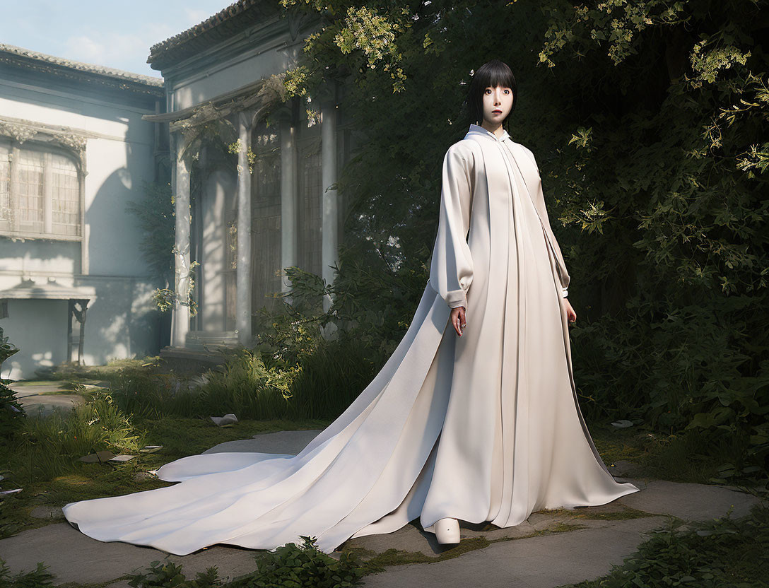 Serene figure with black hair in white robe in lush garden