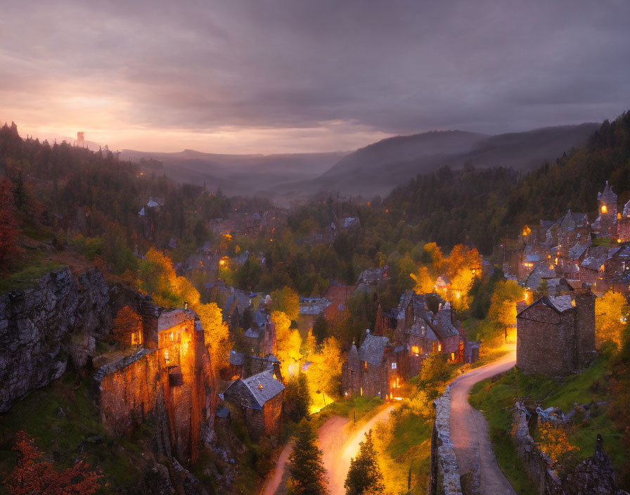 Twilight scene of village in forested valley with illuminated road