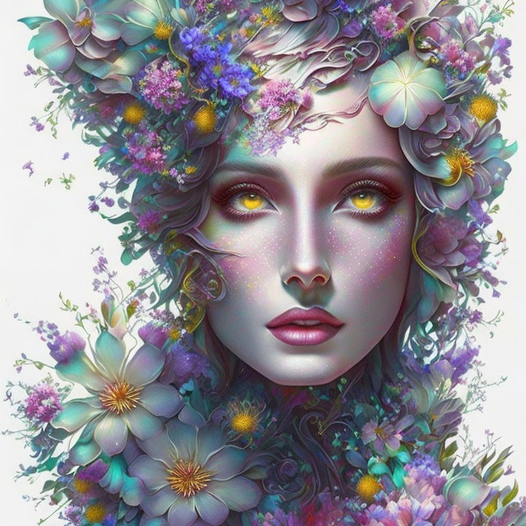 Vibrant woman with floral adornments and green eyes illustration