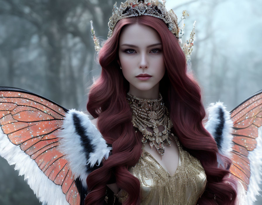 Butterfly-winged figure with crimson hair in mystical forest.