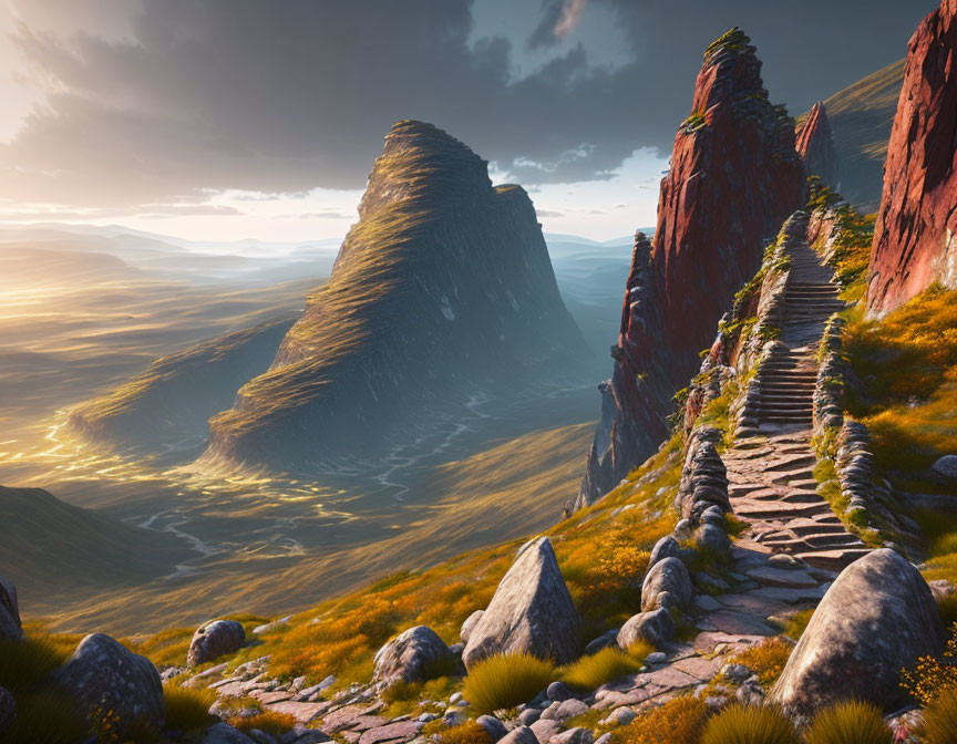 Rugged Terrain with Stone Steps and Rock Formations at Sunset