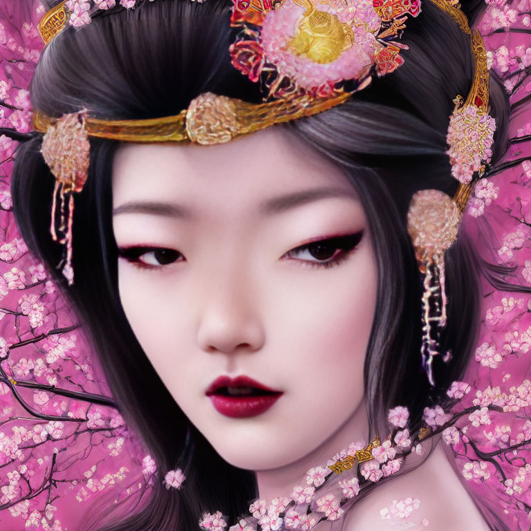 Traditional Asian woman portrait with red makeup and headdress among pink cherry blossoms