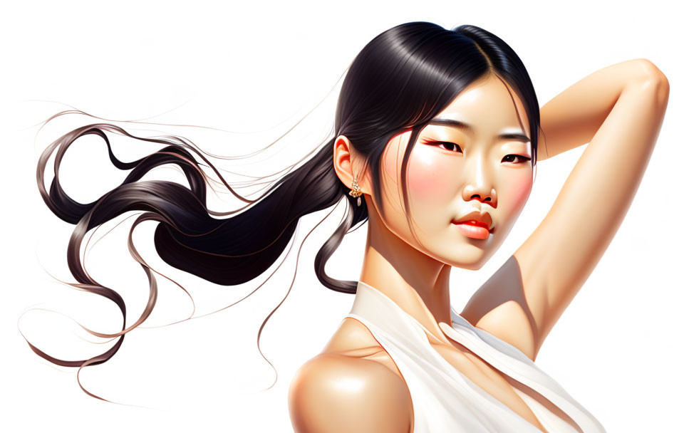 Asian Woman Illustration: Dark Hair, Minimal Makeup, White Garment