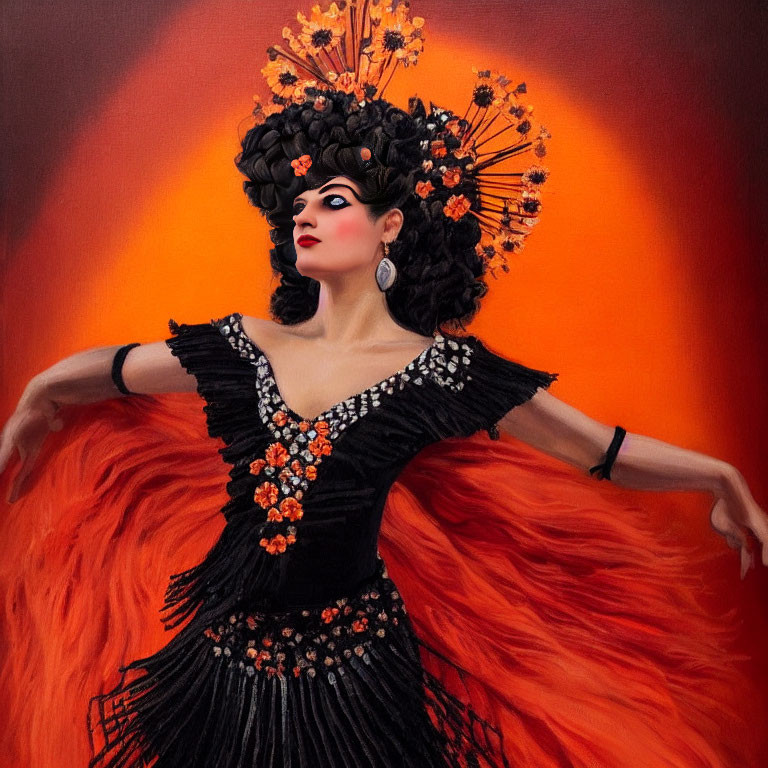 Woman in Dramatic Makeup and Black Flamenco Dress with Orange Accents and Floral Headpiece on Warm