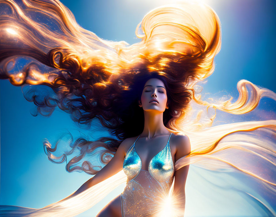 Woman with Flowing Hair in Sparkling Dress on Vibrant Blue Background