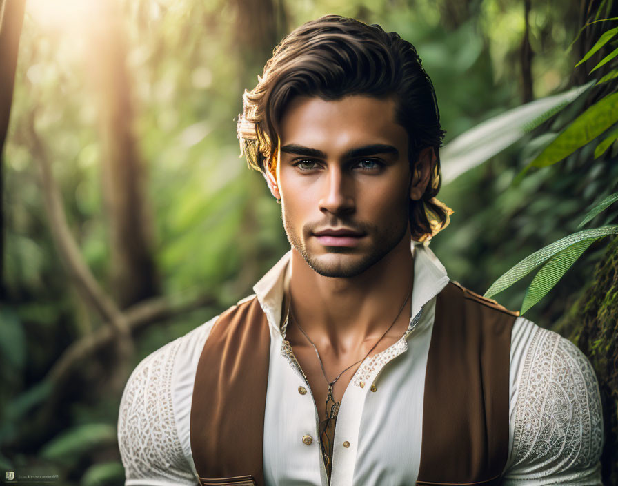 Stylish young man in vintage-inspired attire posing in forest