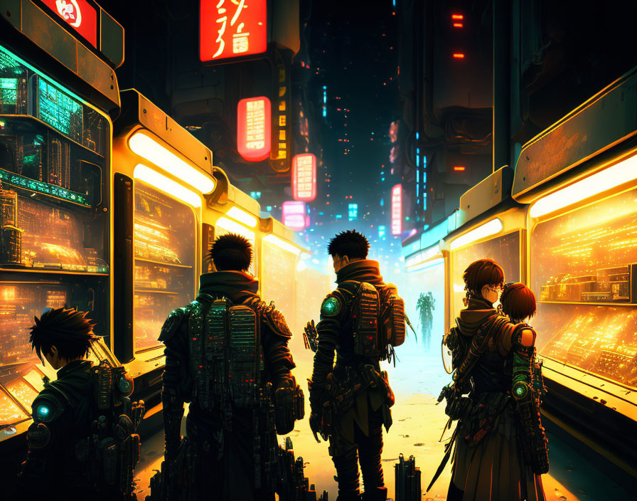 Four individuals in futuristic gear in neon-lit cyberpunk alley