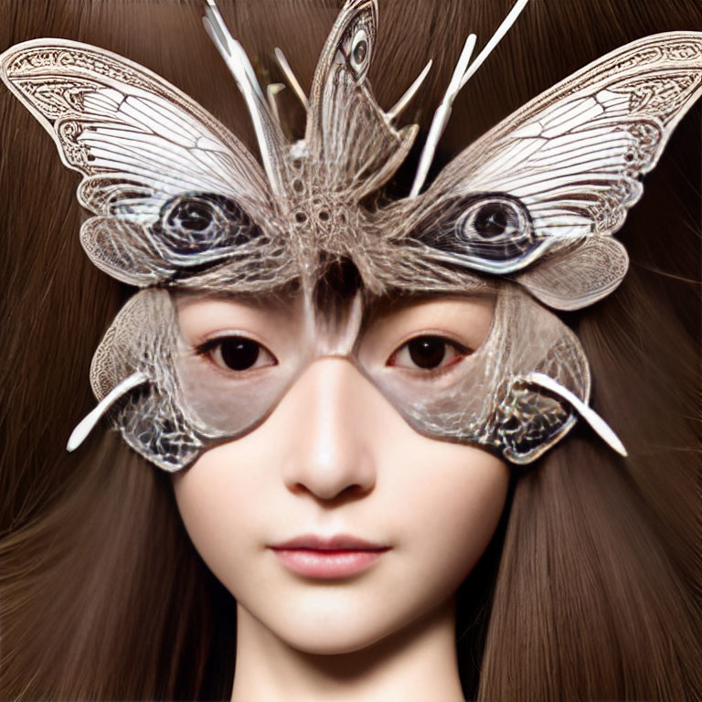 Whimsical butterfly mask on person against brown hair background