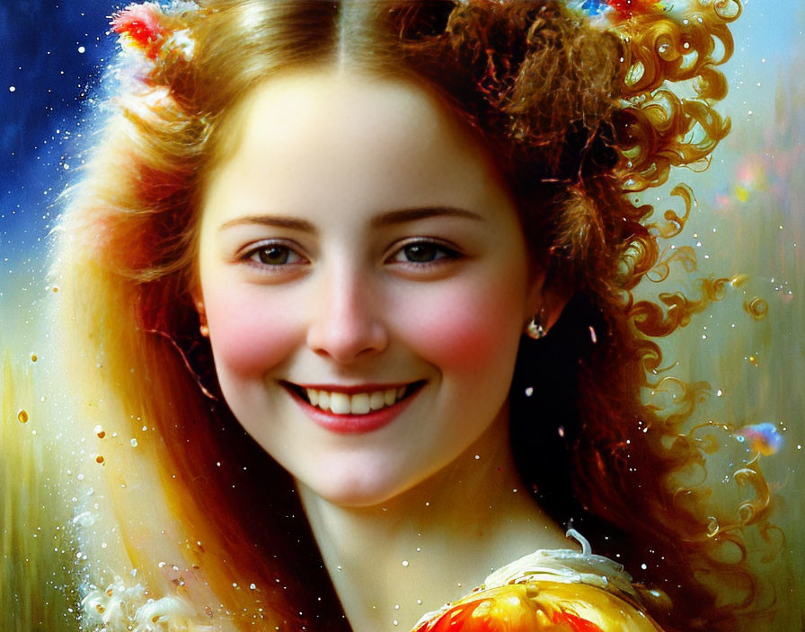 Smiling woman with auburn hair and flowers in celestial setting