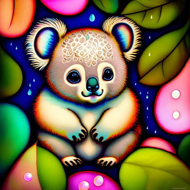 Vibrant Koala Illustration with Luminous Leaves and Glowing Forehead Pattern