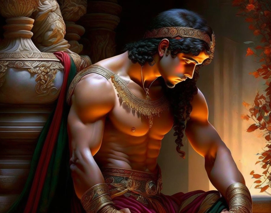 Muscular man in traditional Indian attire with golden jewelry, sitting by stone pillar