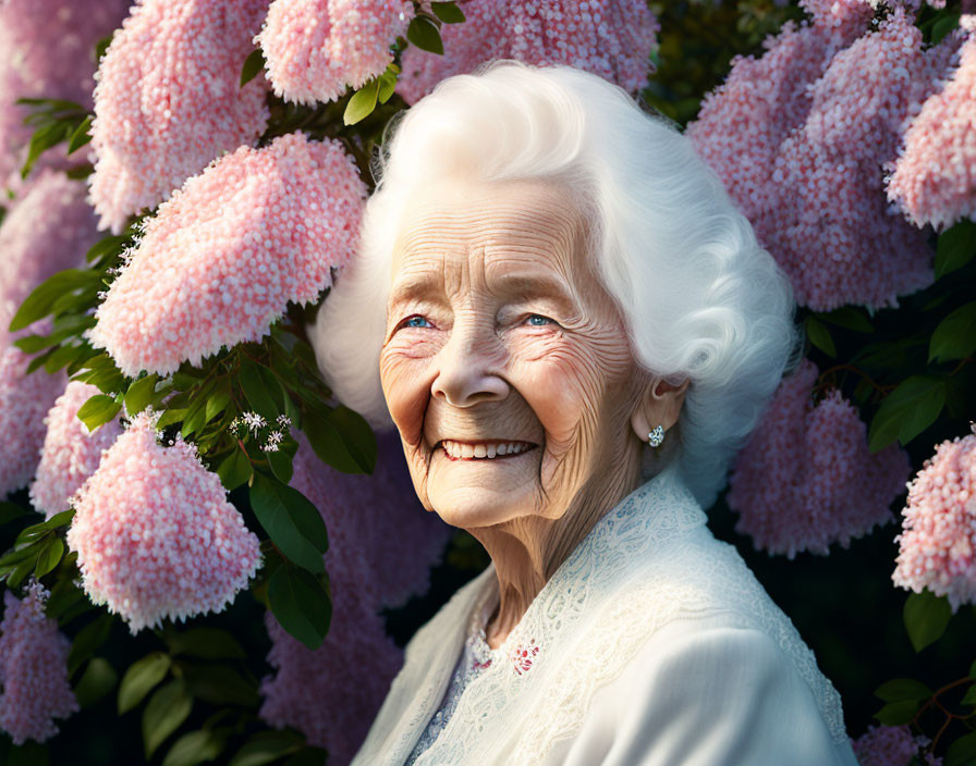 Elderly Woman Smiling Among Pink Flowers