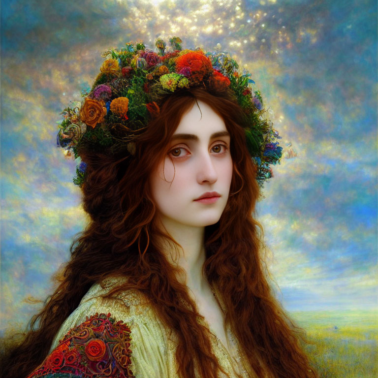 Auburn-haired woman with flower crown against dreamy backdrop