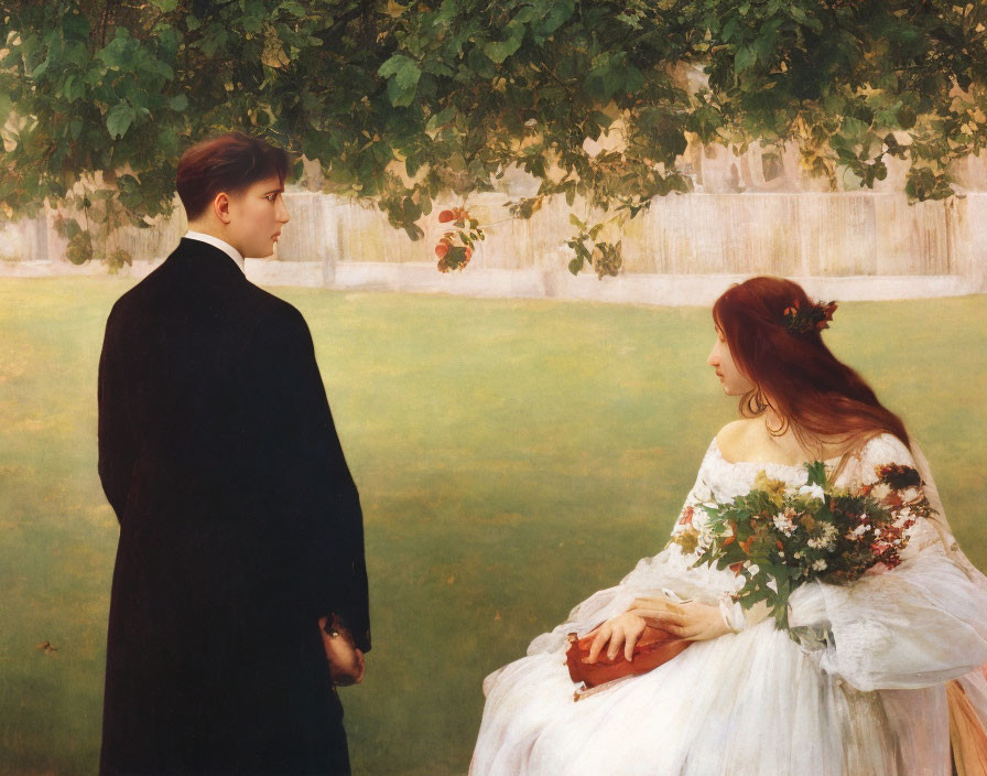 Man in dark suit meets woman in white dress under tree in serene setting