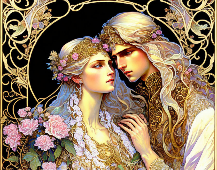 Detailed Artwork: Couple Embracing in Golden Floral Fantasy