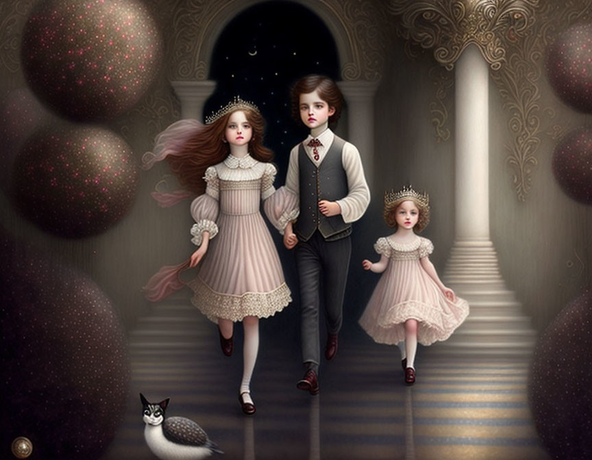 Vintage-dressed children and a cat in mystical hallway with glowing orbs.