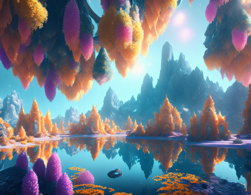 Colorful floating island fantasy landscape with whimsical structures reflected in tranquil lake