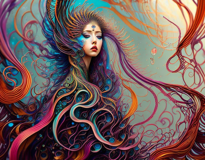 Vibrant illustration of woman with ornate hair and abstract patterns