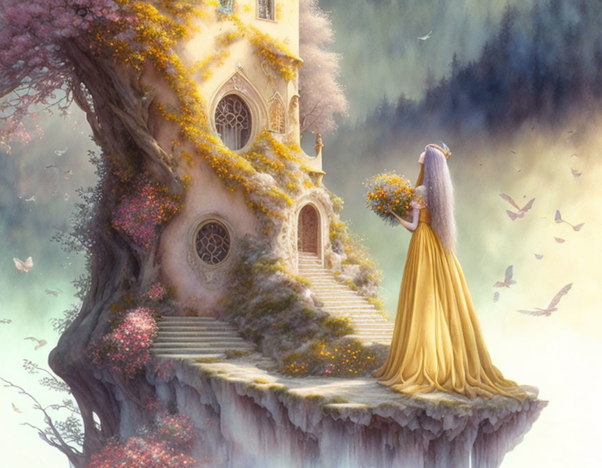 Woman in yellow dress by whimsical treehouse with blooming flowers