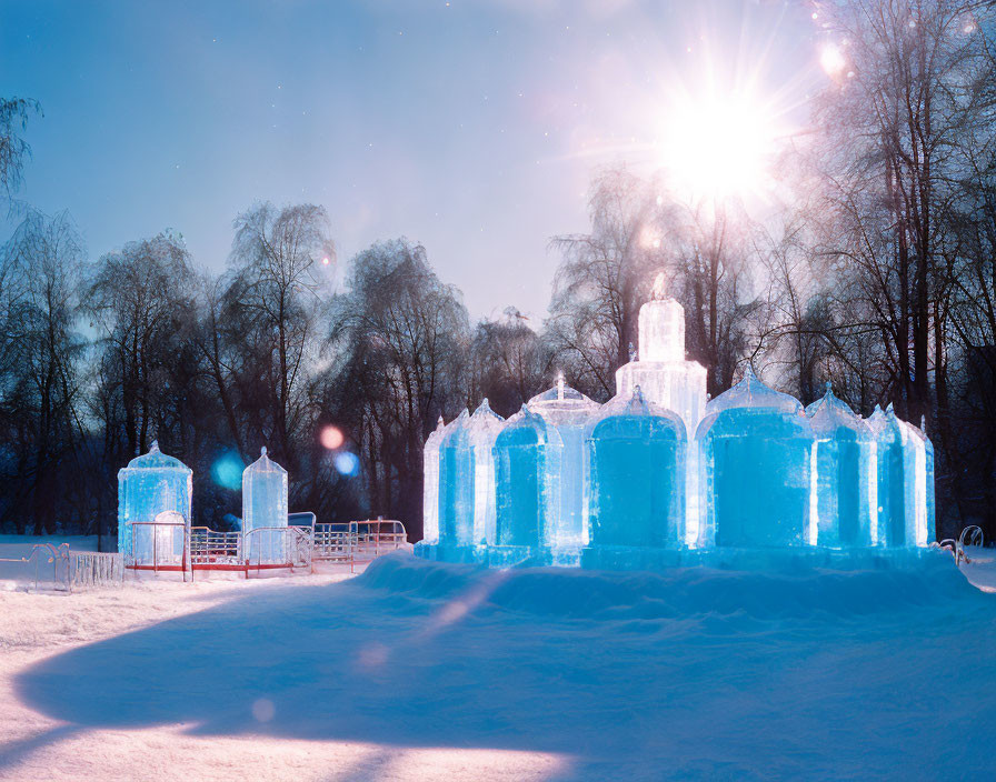 Blue Glowing Ice Castle in Snowy Winter Wonderland