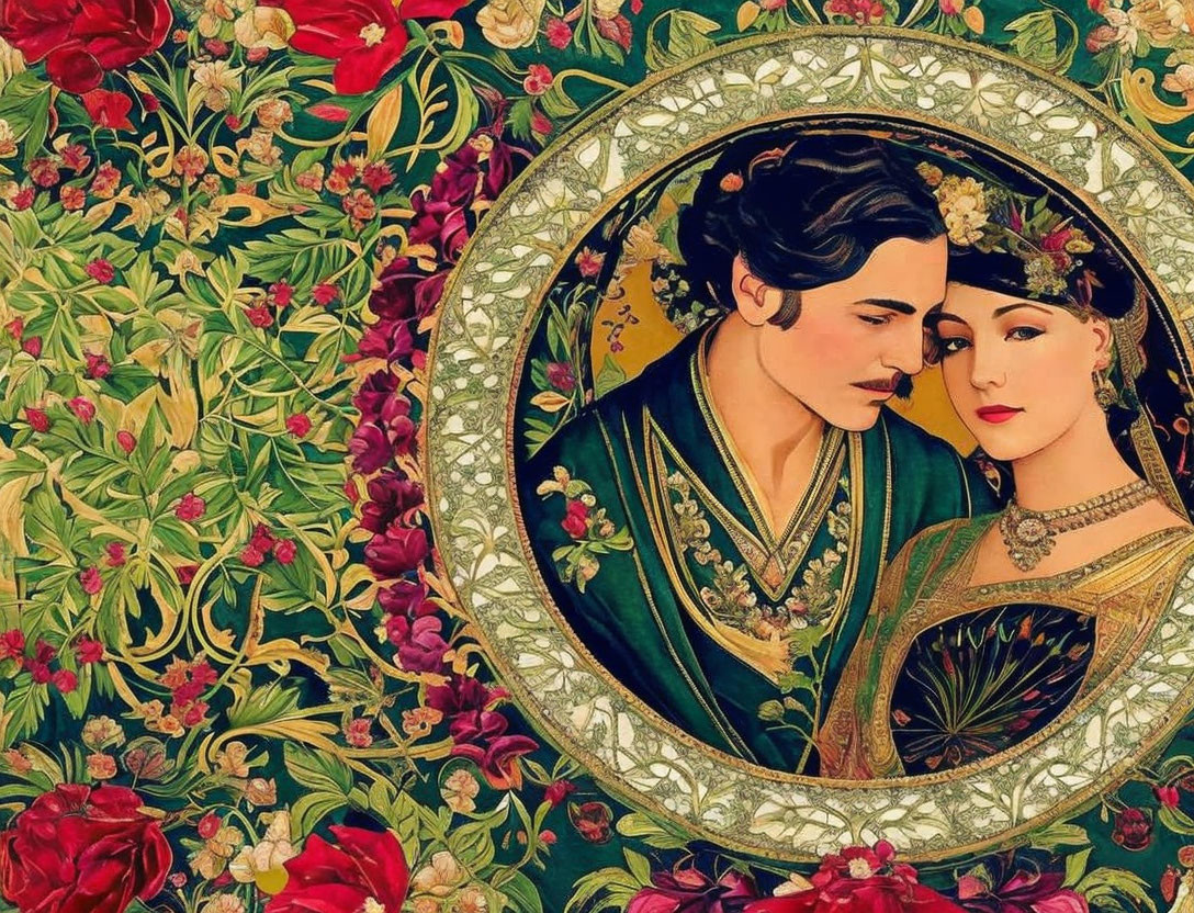 Illustration of romantic couple in traditional attire with ornate circular border and floral pattern