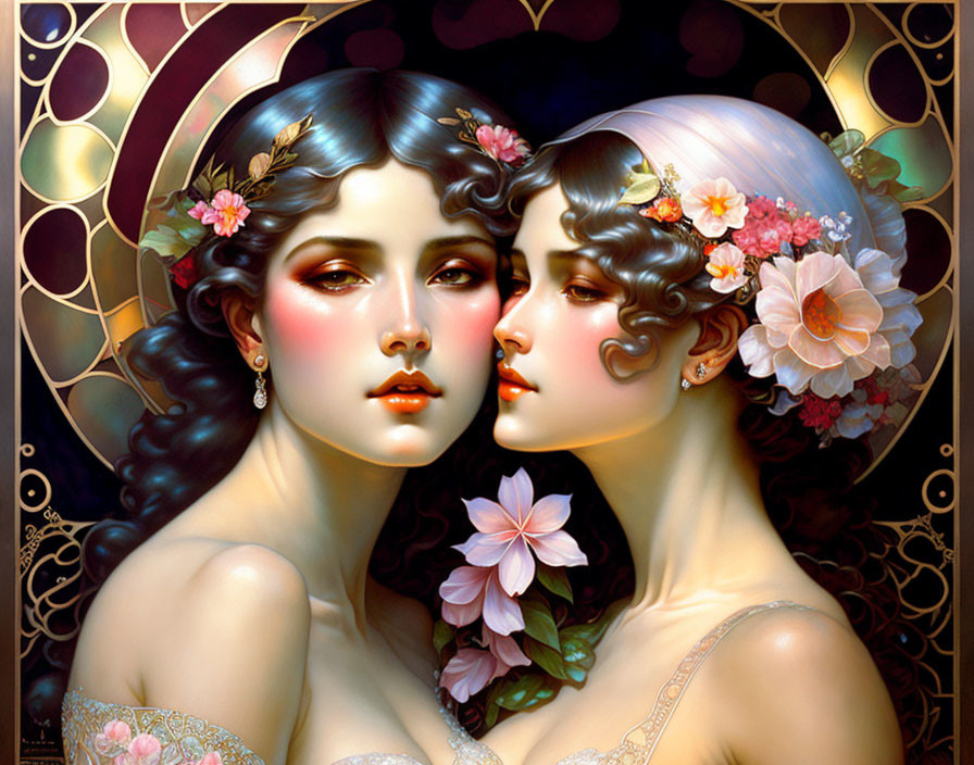 Stylized women with floral hair in art nouveau setting