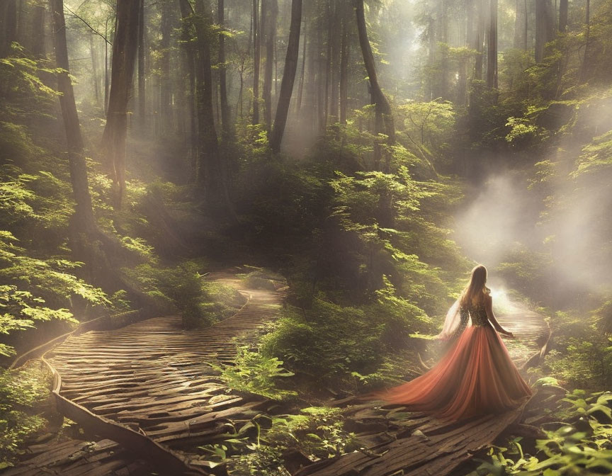 Woman in Red Dress on Wooden Bridge in Misty Forest