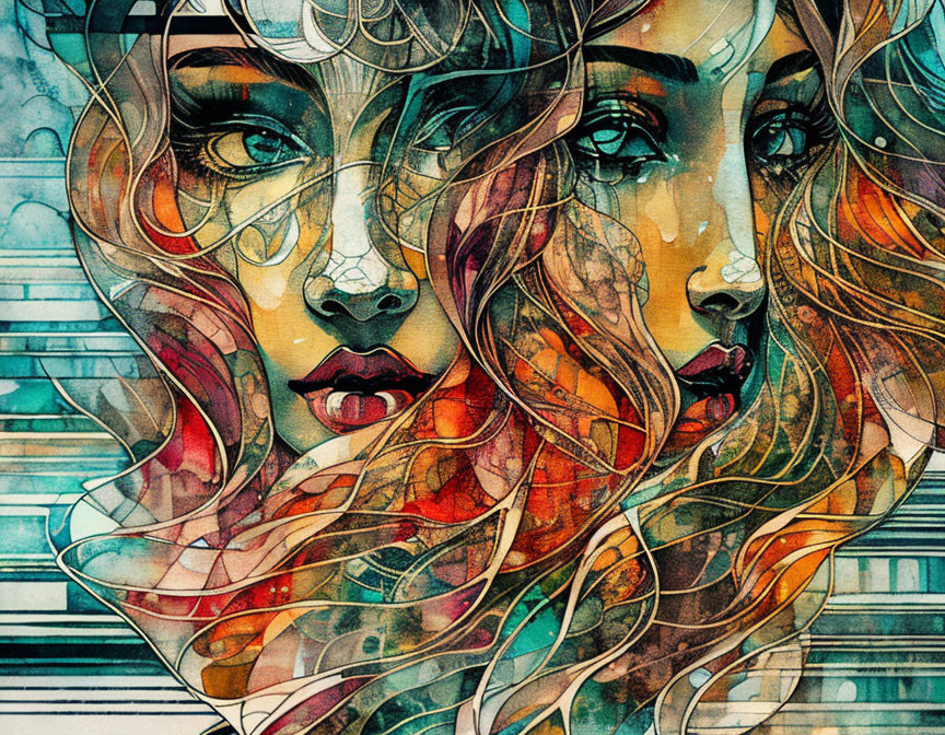 Abstract Portrait of Two Women with Swirling Hair and Watercolor Textures