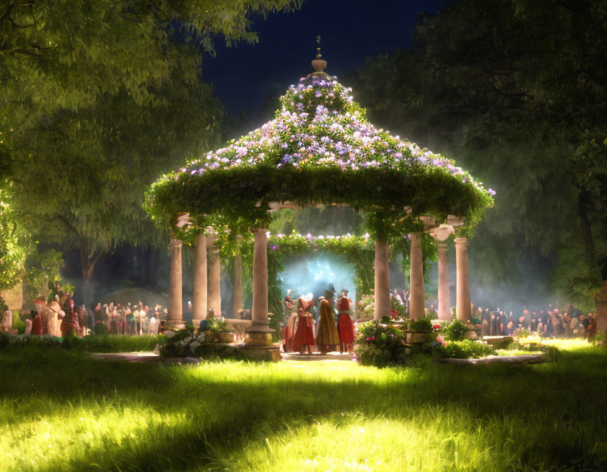 Gazebo adorned with flowers in forest clearing with elegantly dressed figures.