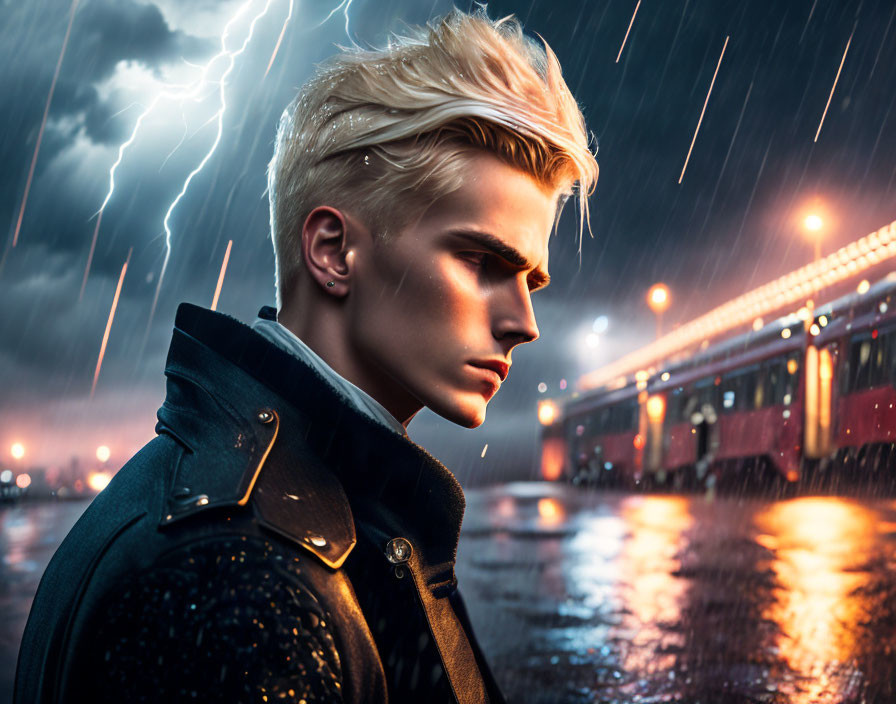 Bleached Hair Person in Dark Coat Stands in Rain with Lightning and Passing Train