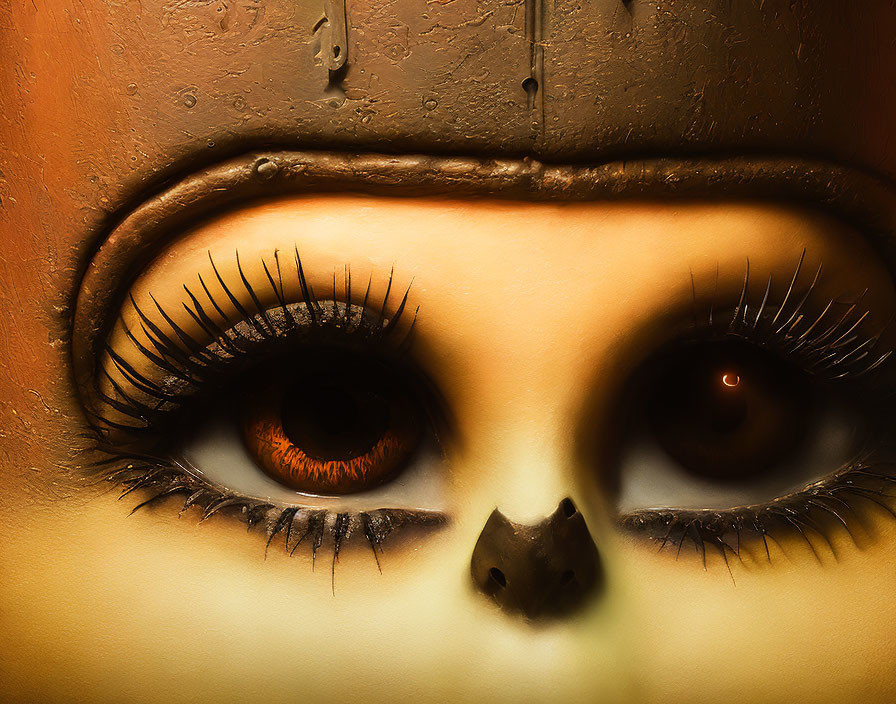 Close-up Owl Face with Large Orange Eyes on Golden Background