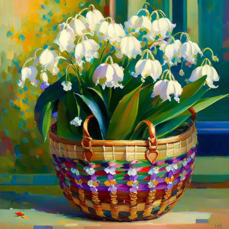 Colorful Oil Painting of White Bell-Shaped Flowers on Abstract Background