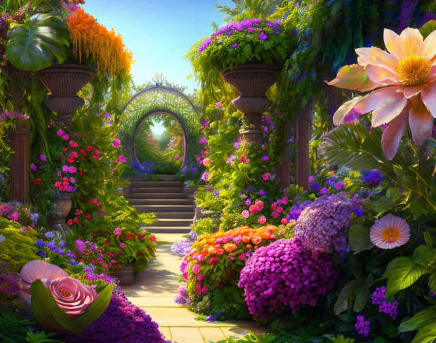 Lush Flower Garden Pathway with Ornate Planters and Archway