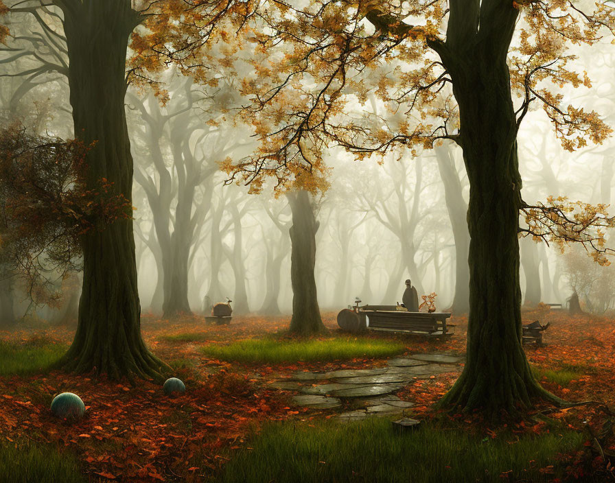 Ethereal forest scene with golden leaves, mist, large trees, stone path, and solitary figure